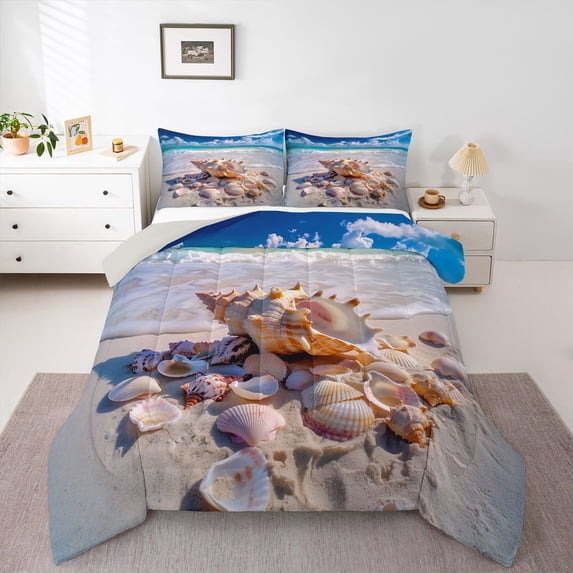 Manfei Cute Seashell Queen Comforter Set,Calm Ocean Sand Comforter Sets Queen,Creamy,Light Gray Reversible,3pcs,1 Comforter and 2 Pillowcases