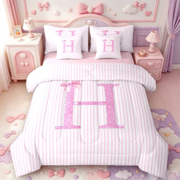 Manfei Cute Sequin Print Monogrammed 7-Piece Twin Bedding,Aesthetic Abstract Lines Bedding Comforter Set,Pink Reversible