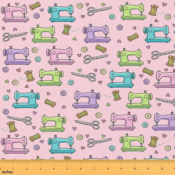 Manfei Cute Sewing Machine Fabric by the Yard 1 Yard, Kawaii Home Decor Fabric by the Yard, Light Pink
