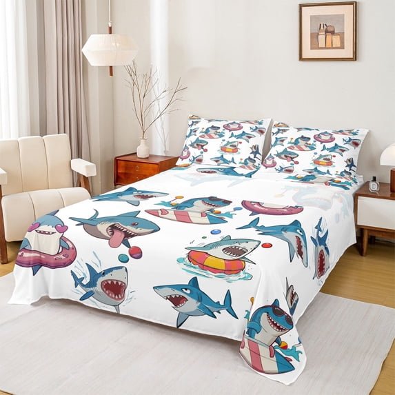 Manfei Cute Shark Full Size Sheets,Colorful Swimming Ring Bed Sheets,Hawaii Ocean Sealife Sheet Sets For Boys Kids,Luxury Bedroom Decor,4-Piece