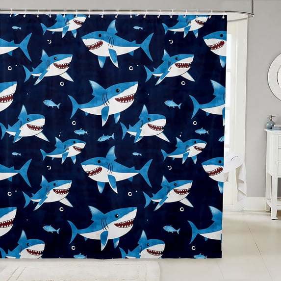 Manfei Cute Shark Shower Curtain 72Wx72L, Ocean Fish Bathroom Curtain, Navy Blue