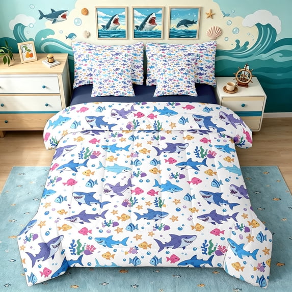 Manfei Cute Shark Twin Bedding, Sea Fish Coral Bedding Comforter Set, Blue Purple, Blue Reversible, 7-Piece