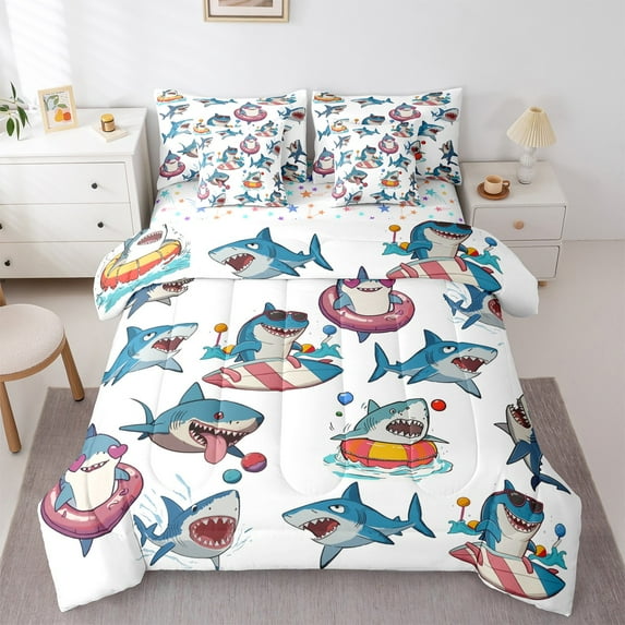Manfei Cute Shark Twin Bedding Sets 7-Piece,Colorful Swimming Ring Bedding Comforter Set,Hawaii Ocean Sealife Sheet Sets For Boys Kids,Luxury Bedroom Decor,Reversible