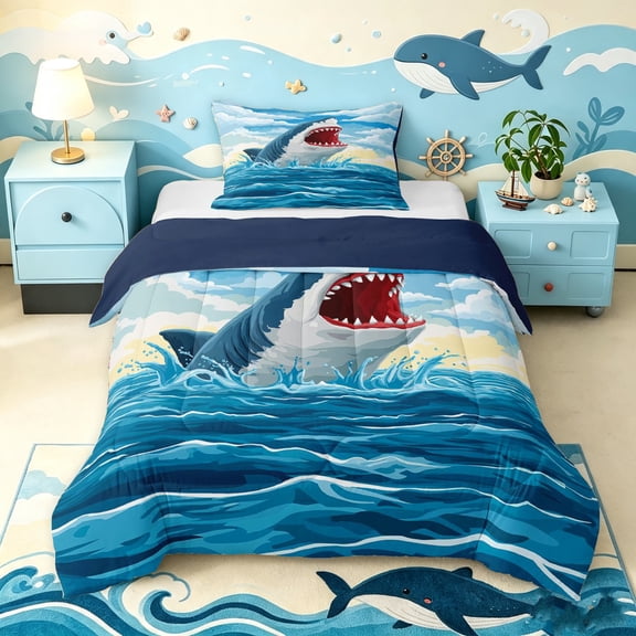 Manfei Cute Shark Twin Comforter Sets, Ocean Oil Printing Bedding Set, Blue Scene, Blue Reversible, 2 Pieces, 1 Comforter and 1 Pillowcase
