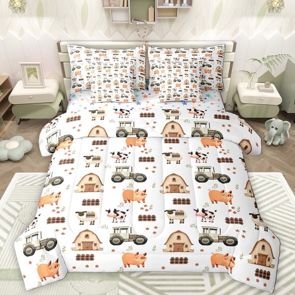 Manfei Cute Sheep Cow 7-Piece Twin Bedding Sets,Countryside Farm Pig Bedding Comforter Set,Rustic Farmhouse Cabin Sheet Sets For Girls Boys,Breathable Home Decor Reversible