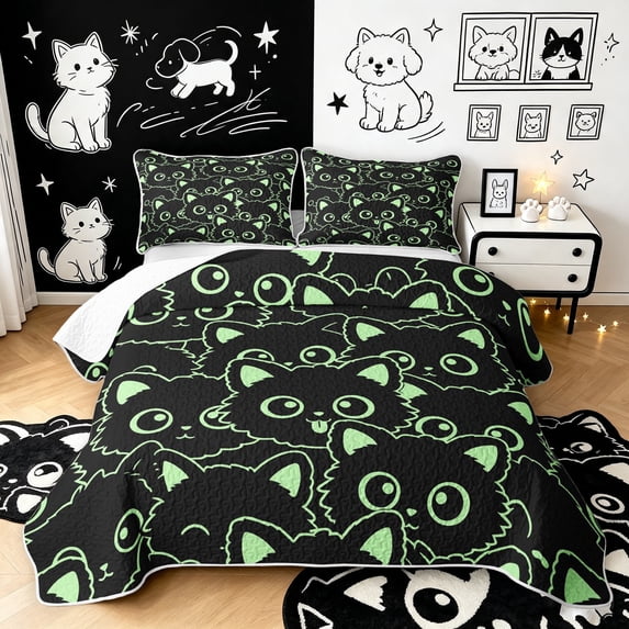Manfei Cute Simple Cat Twin Quilt Set, Cartoon Kitten Twin Coverlet Set, Black Green, 2 Pieces, 1 Bedspread and 1 Pillowcase