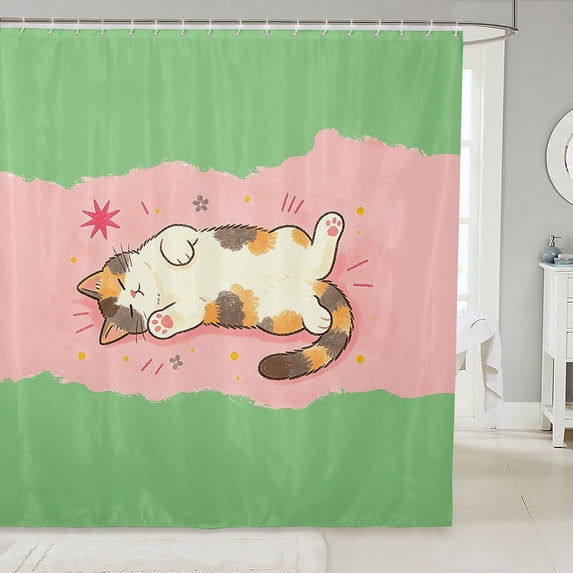 Manfei Cute Sleeping Cat Shower Curtain 72Wx84L, Cartoon Pet Lover Bathroom Shower Curtain, Green Pink
