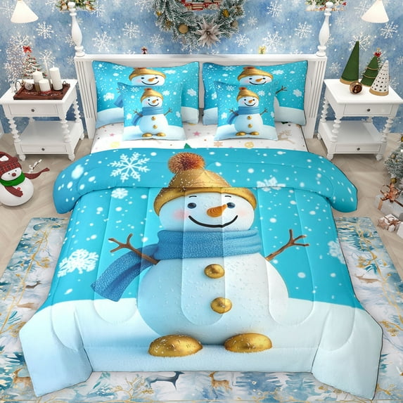 Manfei Cute Snowman 7 Pieces Bedding Comforter Set,Merry Christmas Full Bedding Set,White Blue Fitted Sheet Flat Sheet For Girls Kids,Ultra Soft Home Decor Reversible