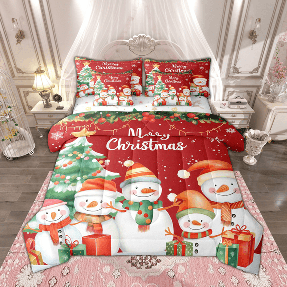 Manfei Cute Snowman Bedding Comforter Set 7pcs for Children, Merry Christmas Full Bedding Set, Xmas Tree Gifts Fitted Sheet Flat Sheet, Super Cozy Room Decor