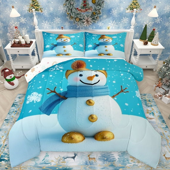 Manfei Cute Snowman Full Size Comforter Sets,Merry Christmas Bedding Comforter Set,White Blue Bedding Sets For Girls Kids,Ultra Soft Home Decor Reversible,3 Pieces