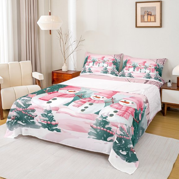 Manfei Cute Snowman Twin Sheet Sets 3 Pieces for Girls, Green Christmas Tree Twin Fitted Sheet, Winter Xmas Festival Flat Sheet, Luxury Bedroom Decor