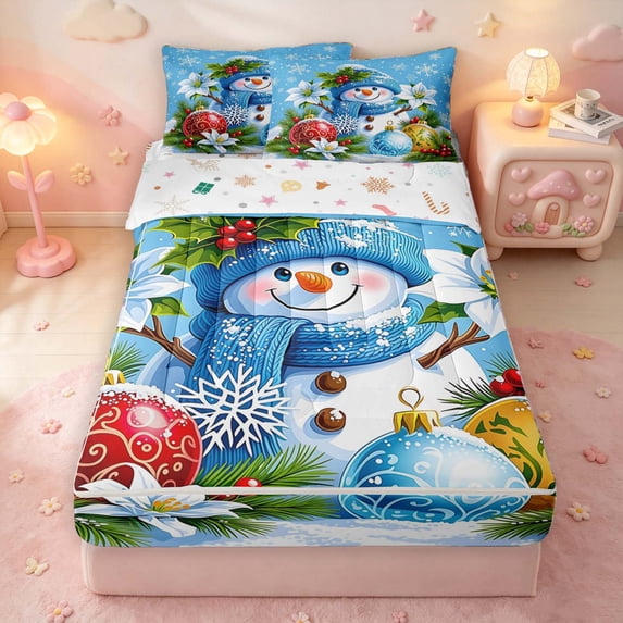 Manfei Cute Snowman Zipper Twin Comforter Sets with Fitted Sheet and 2 Pillowcases,Christmas Snowflake Zipper Bedding Set,Blue Green,Christmas Reversible,4pcs