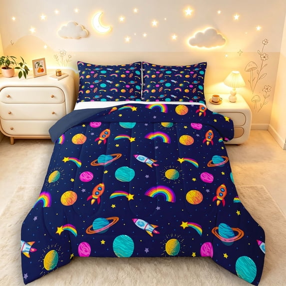 Manfei Cute Space Rocket Queen Comforter Set,Kawaii Rainbow Comforter Sets Queen,Blue Pink,Navy Blue Reversible,3pcs,1 Comforter and 2 Pillowcases