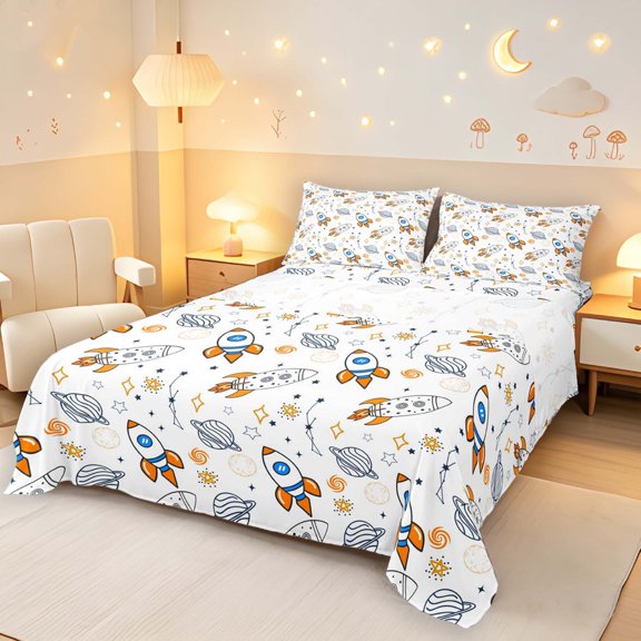 Manfei Cute Spaceship Planets Bed Sheets,Celestial Stars Full Size Sheets,White Orange,4pcs,1 Flat Sheet,1 Fitted Sheet and 2 Pillowcases