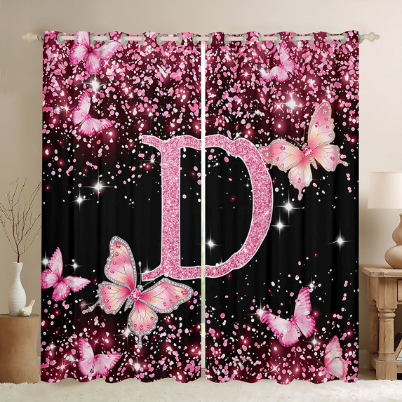 Manfei Cute Sparkling Print Blackout Curtains Set of 2 (52x84 Each),Pink Alphabet Print D Curtain