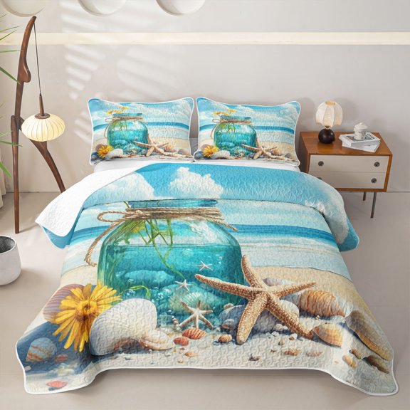 Manfei Cute Starfish Bed Spread Queen,Clear Glass Jars Queen Coverlet Set,Blue,3-Piece