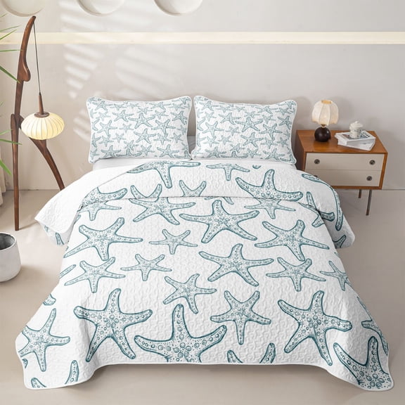Manfei Cute Starfish Bed Spread Queen,Ocean Themed Art Queen Coverlet Set, White Green,3-Piece