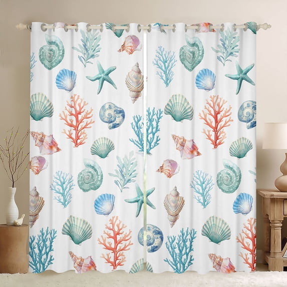 Manfei Cute Starfish Blackout Curtains Set of 2 (52x84 Each),Kawaii Seashell Curtain,White Blue