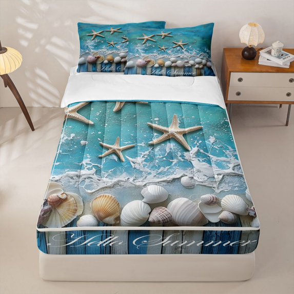Manfei Cute Starfish Zipper Twin Comforter Sets with Fitted Sheet and 2 Pillowcases,Coastal Seashells Zipper Bedding Set,Blue White,4pcs