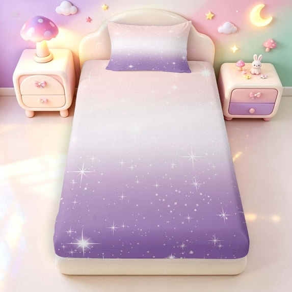 Manfei Cute Stars Fitted Sheet Full,Kawaii Cartoon Theme Bed Set,Purple White Pink,3-Piece