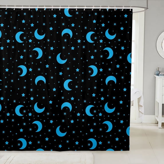 Manfei Cute Stars Moon Shower Curtain 72Wx72L,Starry Sky Bathroom Curtain,Black Blue