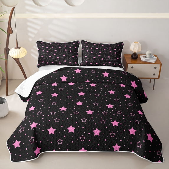 Manfei Cute Stars Polka Dot Bed Spread Queen,Playful Design Queen Coverlet Set,Black Pink,Pink Reversible,3 Pieces,1 Quilt and 2 Pillowcases