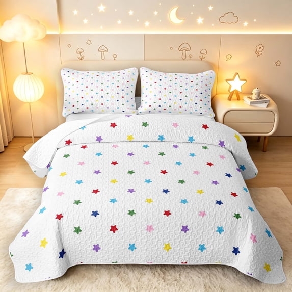 Manfei Cute Stars Quilt Full,Playful Design Full Bedspread Sets,White,Colorful Stars Reversible,3 Pieces,1 Coverlet and 2 Pillowcases