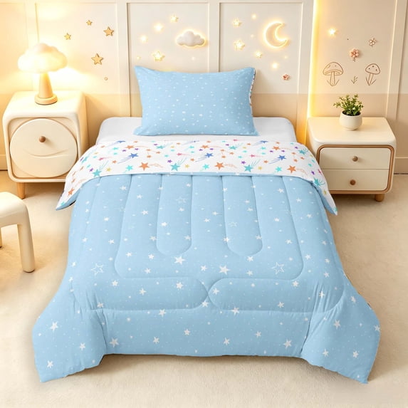 Manfei Cute Stars Twin Comforter Sets,Playful Design Bedding Set,Light Blue,Colorful Stars Reversible,2 Pieces,1 Comforter and 1 Pillowcase