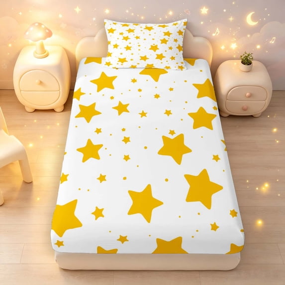 Manfei Cute Stars Twin Fitted Sheet,Kawaii Cartoon Polka Dot Bedding,White Yellow,2pcs