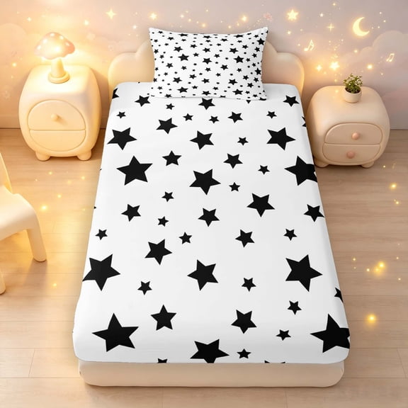 Manfei Cute Stars Twin Fitted Sheet,Kawaii Sprinkle Print Bedding,White Black,2-Piece
