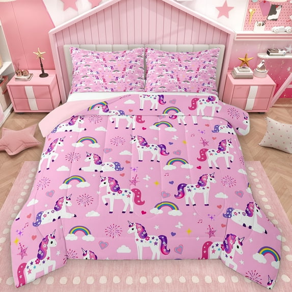 Manfei Cute Stars Unicorn Queen Comforter Set for Teens, Kawaii Magic Animal Bedding Sets, Cartoon Rainbow Cloud Reversible Bedding Comforter Set, Lightweight Room Decor, 3-Piece