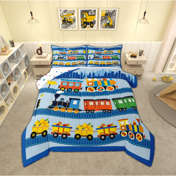 Manfei Cute Steam Engine Bedding Comforter Set for Kids, Vintage Train Twin Comforter Sets, Cartoon Vehicle Truck Reversible Bedding Set, Lightweight Room Decor, 2 Pieces
