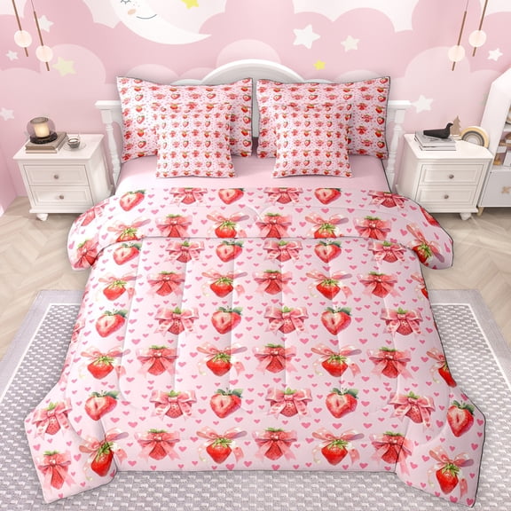 Manfei Cute Strawberry 7-Piece Twin Bedding Sets,Bow Tie Ribbon Bedding Comforter Set,Pink Loves Pattern Sheet Sets For Girls Kids,Breathable Home Decor Reversible