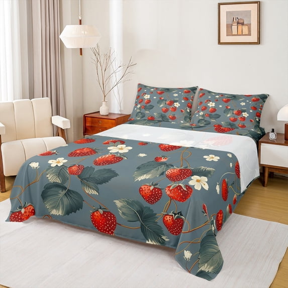 Manfei Cute Strawberry Bed Sheets,Countryside Flower Floral King Sheets,Red Gray Sheet Set For Girls Kids,Breathable Home Decor,4 Pieces