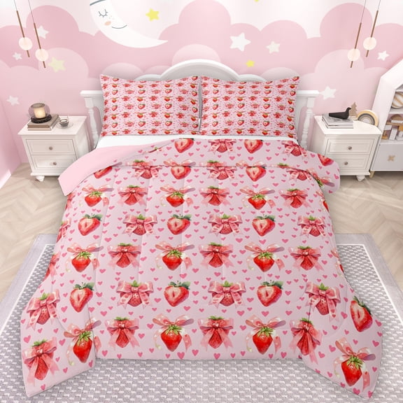 Manfei Cute Strawberry Bedding Comforter Set,Bow Tie Ribbon Twin Comforter Sets,Pink Loves Pattern Bedding Set For Girls Kids,Breathable Home Decor Reversible,2pcs