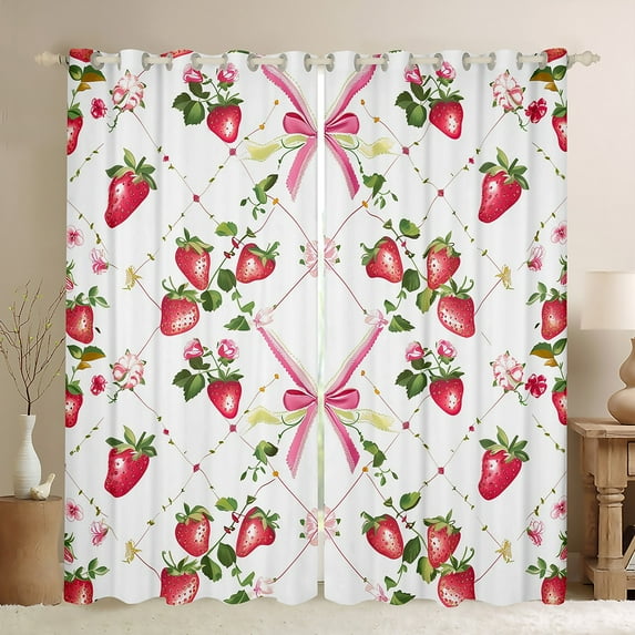 Manfei Cute Strawberry Blackout Curtains Set of 2 (52x84 Each),Bow Tie Ribbon Window Curtains,Pink White Red Curtains and Drapes For Girls Kids,Breathable Home Decor