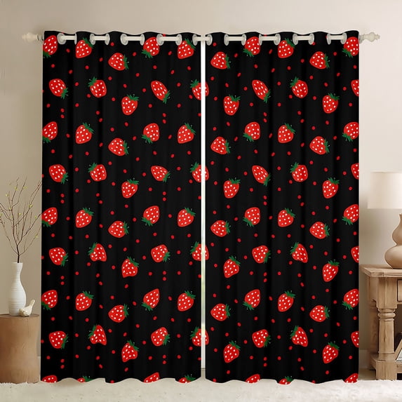Manfei Cute Strawberry Blackout Curtains Set of 2 (52x84 Each),Polka Dot Window Curtains,Red Black Curtains and Drapes For Girls,Ultra Soft Home Decor