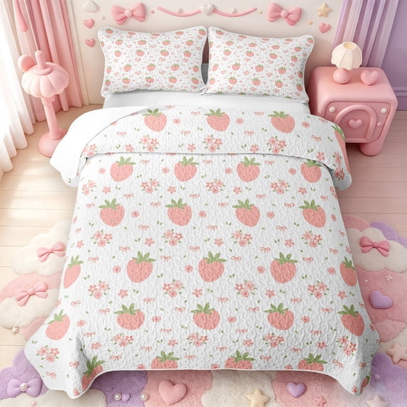 Manfei Cute Strawberry Bow Bed Spread Queen,Blossom Fruit Queen Coverlet Set,3 Pieces,1 Quilt and 2 Pillowcases