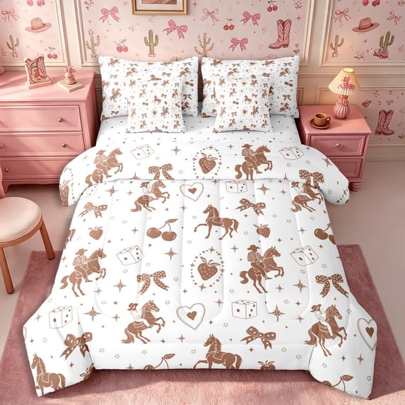 Manfei Cute Strawberry Bowknot Queen Bedding 7pcs,Southwestern Cowgirl Bedding Comforter Set Queen,White Brown