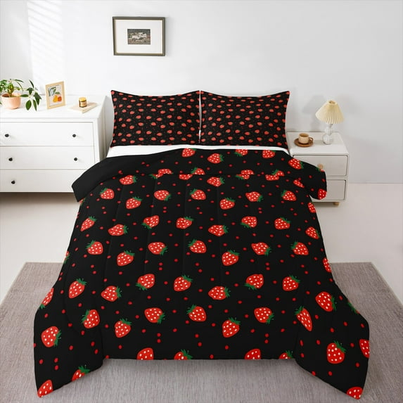Manfei Cute Strawberry Full Size Comforter Sets,Polka Dot Bedding Comforter Set,Red Black Bedding Sets For Girls,Ultra Soft Home Decor Reversible,3-Piece