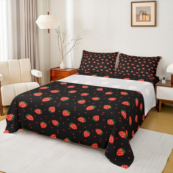 Manfei Cute Strawberry Full Size Sheets,Polka Dot Bed Sheets,Red Black Sheet Sets For Girls,Ultra Soft Home Decor,4-Piece