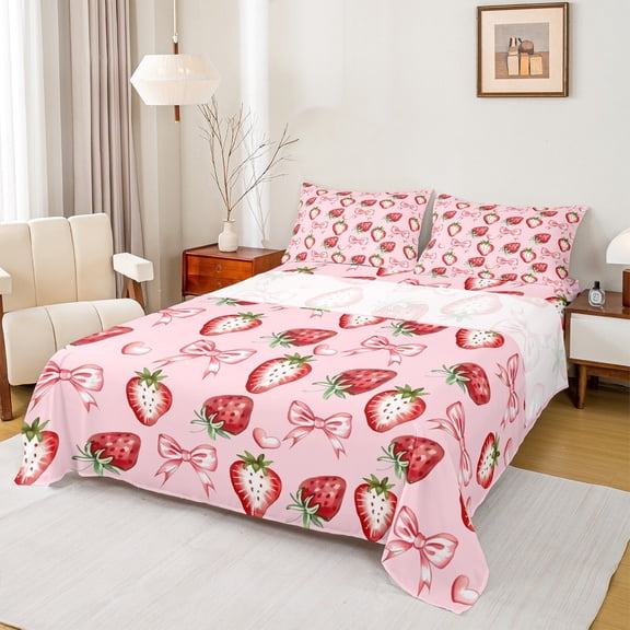 Manfei Cute Strawberry Print Bed Sheets for Kid, Cartoon Yummy Fruit King Sheets, Kawaii Ribbon Bow Sheet Set, Lightweight Room Decor, 4-Piece