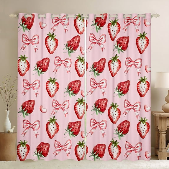 Manfei Cute Strawberry Print Blackout Curtains Set of 2 (52x84 Each) for Kid, Cartoon Yummy Fruit Window Curtains, Kawaii Ribbon Bow Curtains and Drapes, Curtains Blackout Room Decor