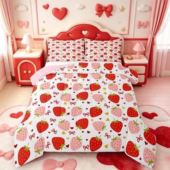 Manfei Cute Strawberry Queen Comforter Set,Pink Girly Bow Comforter Sets Queen,Pink Reversible,3-Piece,1 Comforter and 2 Pillowcases