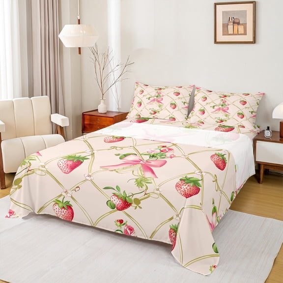 Manfei Strawberry Twin Sheet Set,Pink Green Ribbon Bow,3-Piece