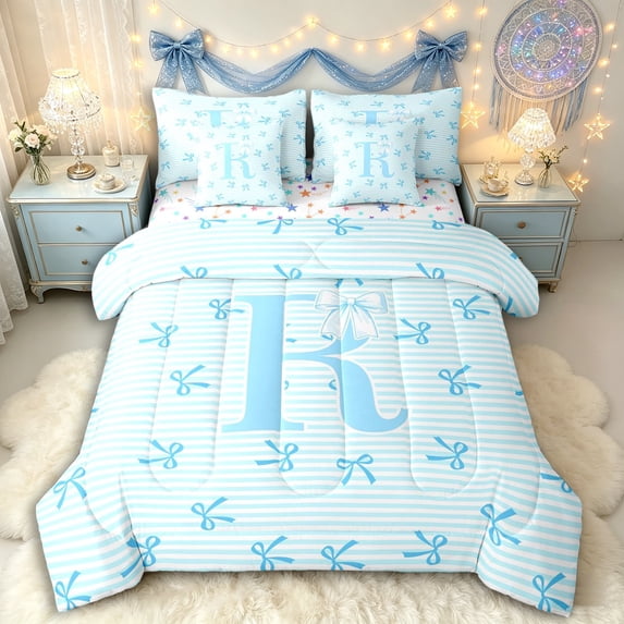 Manfei Cute Stripes Letter R Monogrammed Twin Bedding Sets 7-Piece for Female Teens,Kids Girls Blue Bow Tie Alphabet Bedding Comforter Set,Breathable Home Decor