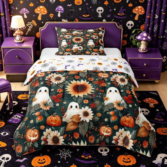 Manfei Cute Sunflower Ghost Twin Comforter Sets 2pcs, Halloween Autumn Pumpkin Flowers Bedding Set, Green Orange Yellow,Reversible,1 Comforter and 1 Pillowcase