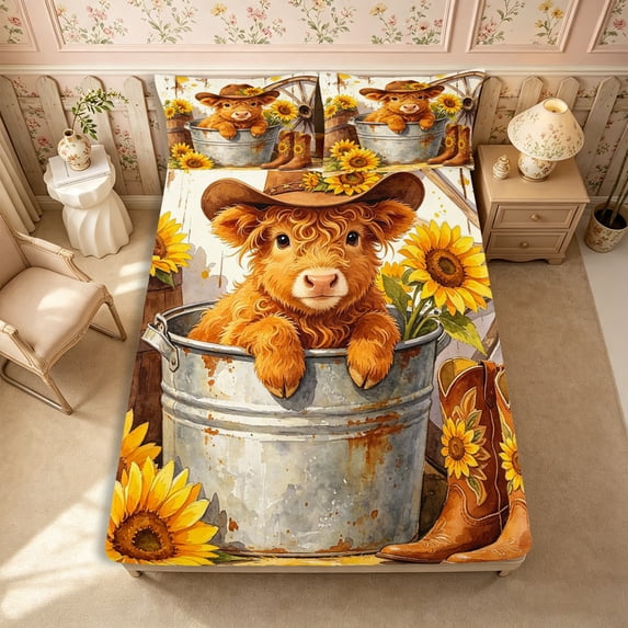 Manfei Cute Sunflowers Highland Cattle Fitted Sheet Queen 3-Piece,Floral Animal Bedding,Orange Brown,1 Fitted Sheet and 2 Pillowcases