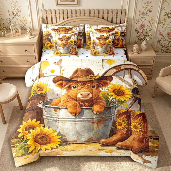 Manfei Cute Sunflowers Highland Cattle Full Size Bedding Sets 7 Pieces,Floral Animal Full Size Bed in a Bag,Orange Brown