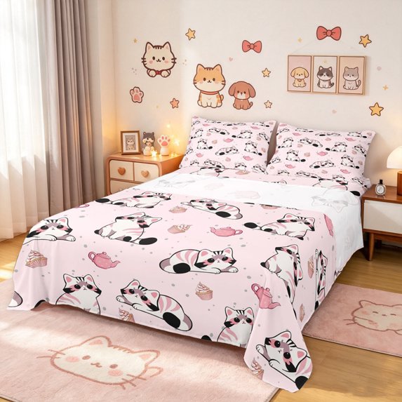 Manfei Cute Tea Time Kitten Bed Sheets, Sweet Cupcake Full Size Sheets, Pink, 4 Pieces, 1 Flat Sheet, 1 Fitted Sheet and 2 Pillowcases